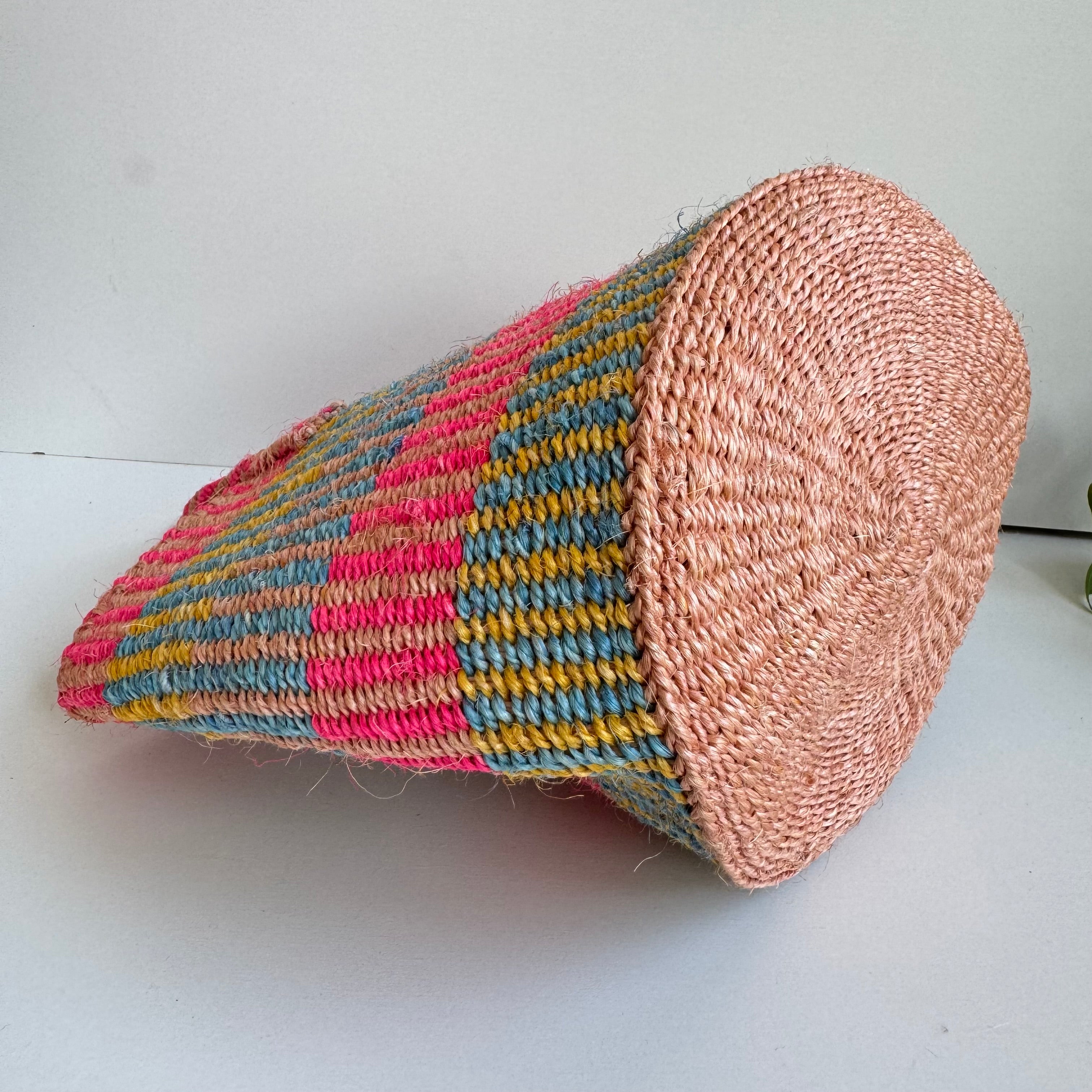 サイザルバッグ  カラフルストライプピンク８インチ